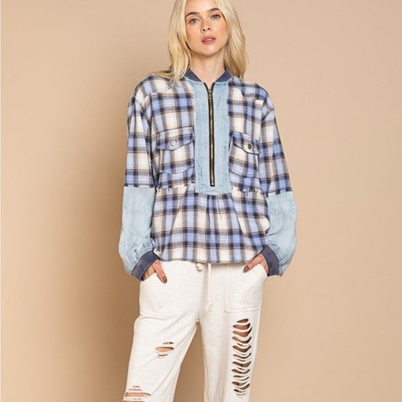 New POL brand denim multi media flannel pullover on blue plaid, S, M, L - Picture 3 of 6